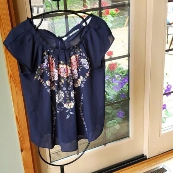 Lauren Conrad Ruffled Neck Black Floral Colorful Graphic Sheer SS Sz. M Blouse - Picture 1 of 7